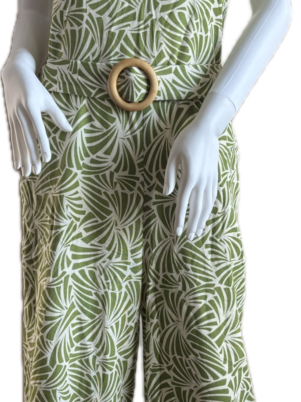 Green Leaf-Print Wide Leg Jumpsuit with Waist Ring Belt